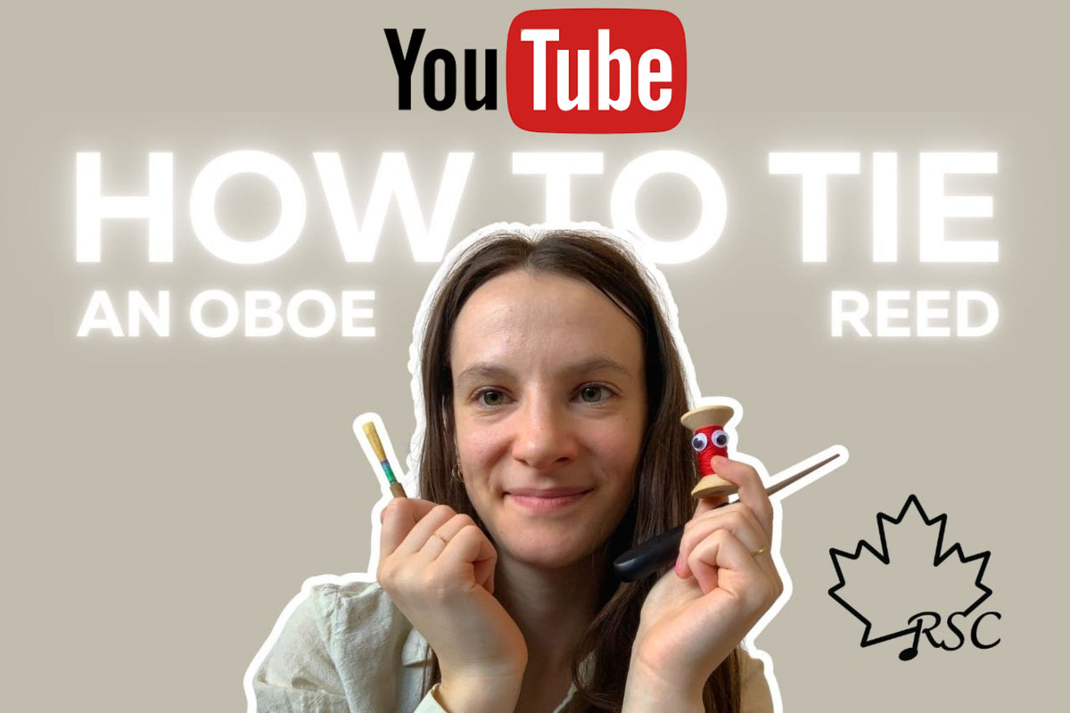 a woman holding thread and an oboe reed with the words on the image "How to Tie an Oboe Reed" and the Rr