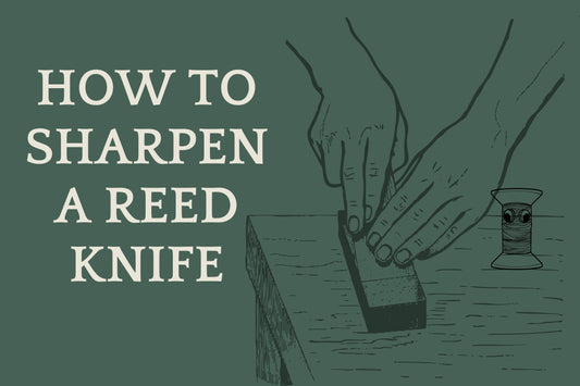 How to sharpen a reed knife text with graphic of hands sharpening a knife and small mascot